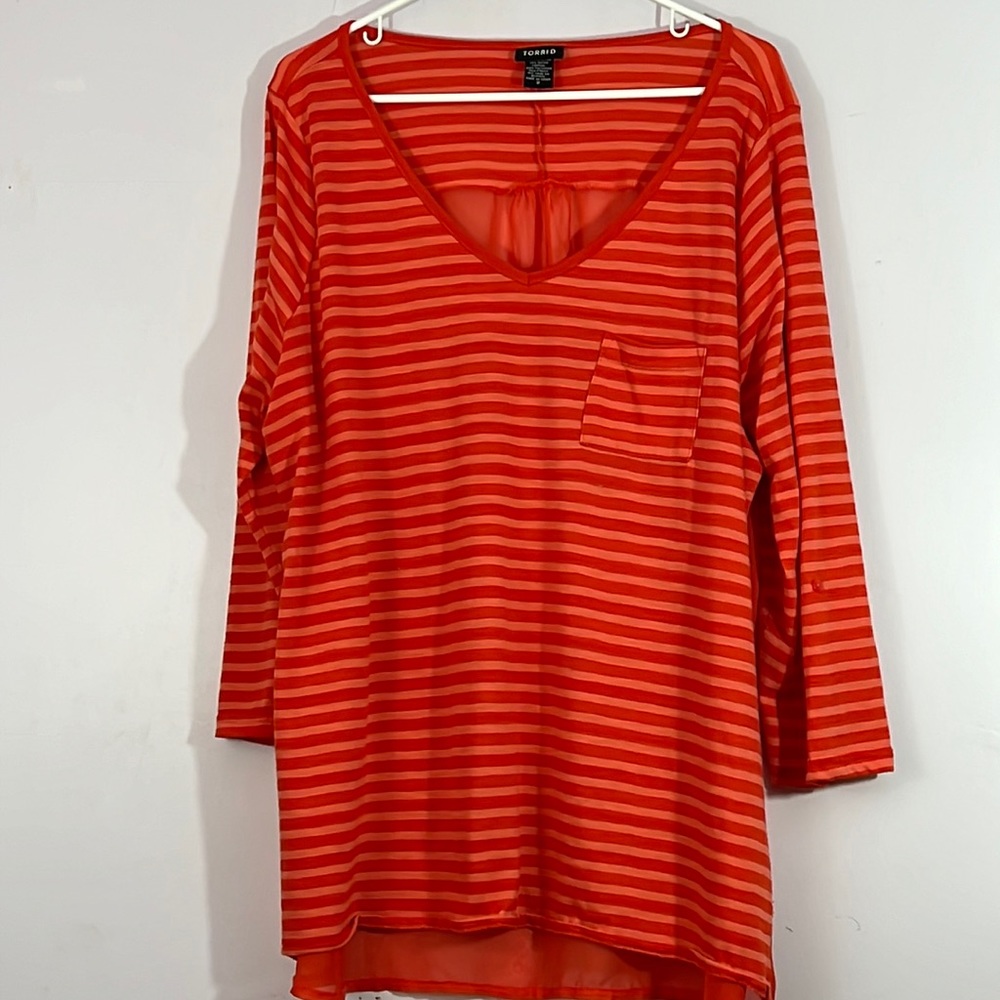 Torrid 2, orange with semi sheer back panel tunic top, 3/4 sleeve